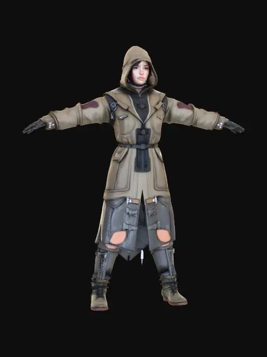 3D model for Realistic female civilian character in T-Pose, Game Ready with PBR textures. Dirty hooded jacket, patched pants, rugged shoes, scarf. Worn clothing textures with scratches and dust. Neutral face, no weapons, no props."