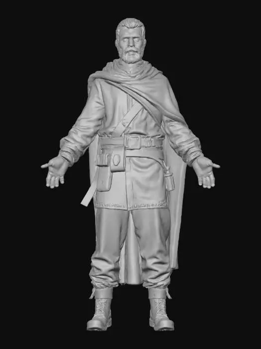 3D model for "Realistic male wanderer character in T-Pose, Game Ready with full PBR textures. Long patched cloak, scarf wrapped around neck, rugged pants, leather gloves, old boots. Dusty and weathered look, no weapons, no props."