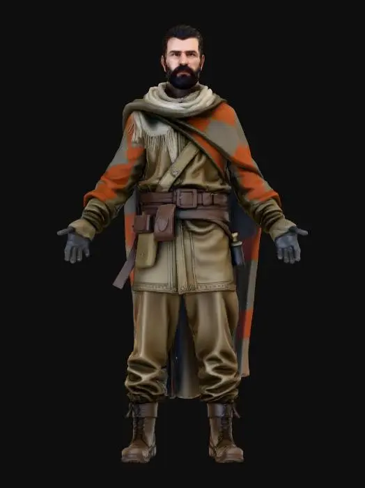 3D model for "Realistic male wanderer character in T-Pose, Game Ready with full PBR textures. Long patched cloak, scarf wrapped around neck, rugged pants, leather gloves, old boots. Dusty and weathered look, no weapons, no props."