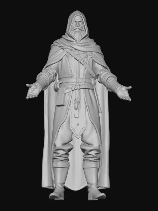 3D model for "Realistic male wanderer character in T-Pose, Game Ready with full PBR textures. Long patched cloak, scarf wrapped around neck, rugged pants, leather gloves, old boots. Dusty and weathered look, no weapons, no props."