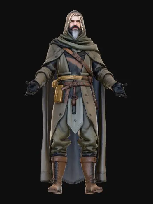 3D model for "Realistic male wanderer character in T-Pose, Game Ready with full PBR textures. Long patched cloak, scarf wrapped around neck, rugged pants, leather gloves, old boots. Dusty and weathered look, no weapons, no props."