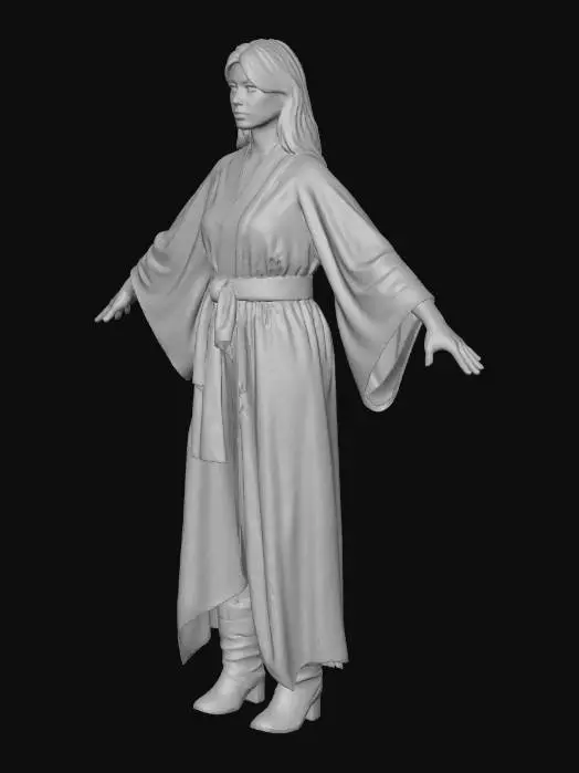 3D model for "Realistic female wanderer character in T-Pose, Game Ready with full PBR textures. Long patched cloak, scarf wrapped around neck, rugged pants, leather gloves, old boots. Dusty and weathered look, no weapons, no props."