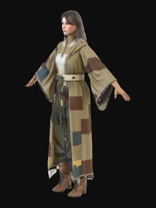 3D model for "Realistic female wanderer character in T-Pose, Game Ready with full PBR textures. Long patched cloak, scarf wrapped around neck, rugged pants, leather gloves, old boots. Dusty and weathered look, no weapons, no props."