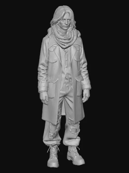 3D model for "Realistic female refugee character in T-Pose, Game Ready with full PBR textures. Old patched coat, torn trousers, scarf, rugged boots, dirty gloves. Dusty and worn look, neutral expression."
