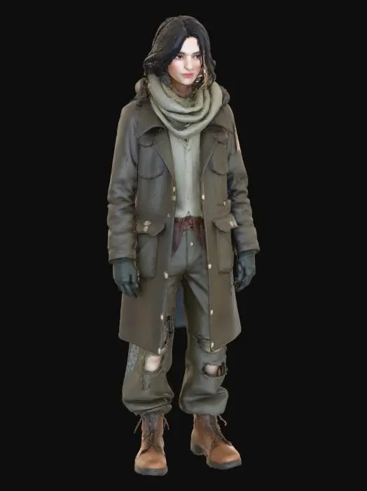 3D model for "Realistic female refugee character in T-Pose, Game Ready with full PBR textures. Old patched coat, torn trousers, scarf, rugged boots, dirty gloves. Dusty and worn look, neutral expression."