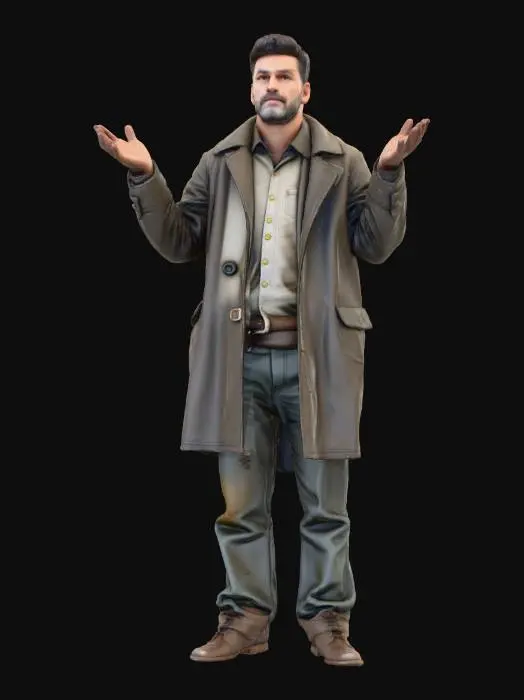 3D model for "Realistic male refugee character in T-Pose, Game Ready with full PBR textures. Old patched coat, torn trousers, scarf, rugged boots, dirty gloves. Dusty and worn look, neutral expression."