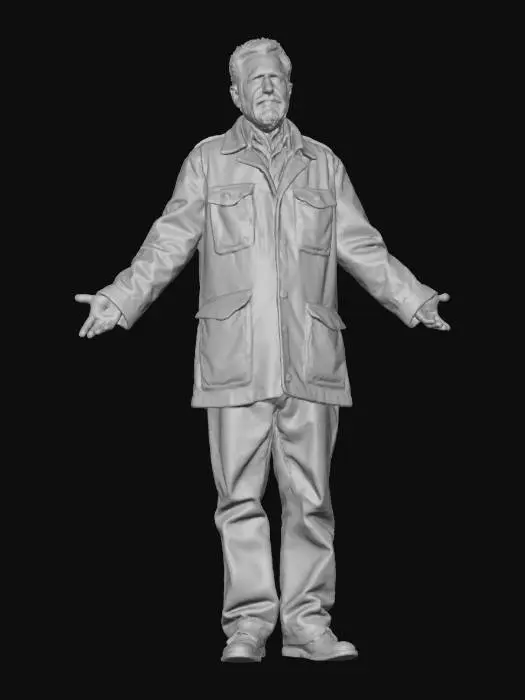 3D model for "Realistic male refugee character in T-Pose, Game Ready with full PBR textures. Old patched coat, torn trousers, scarf, rugged boots, dirty gloves. Dusty and worn look, neutral expression."