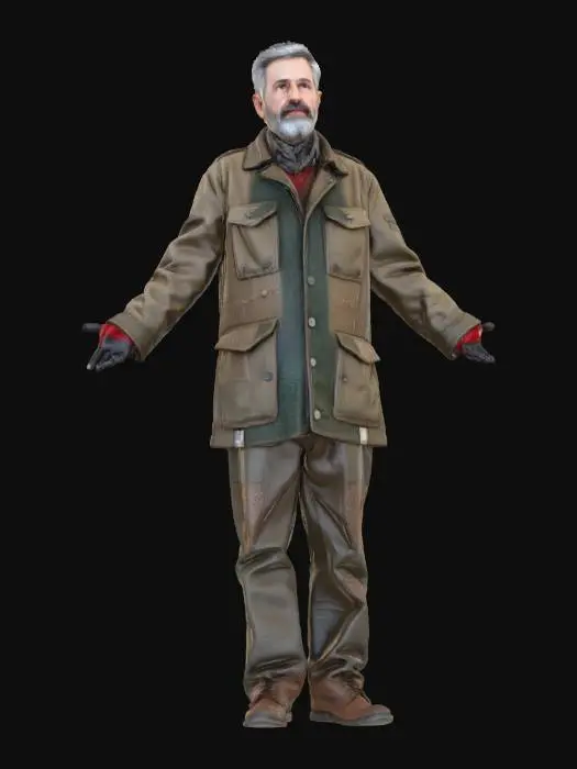 3D model for "Realistic male refugee character in T-Pose, Game Ready with full PBR textures. Old patched coat, torn trousers, scarf, rugged boots, dirty gloves. Dusty and worn look, neutral expression."