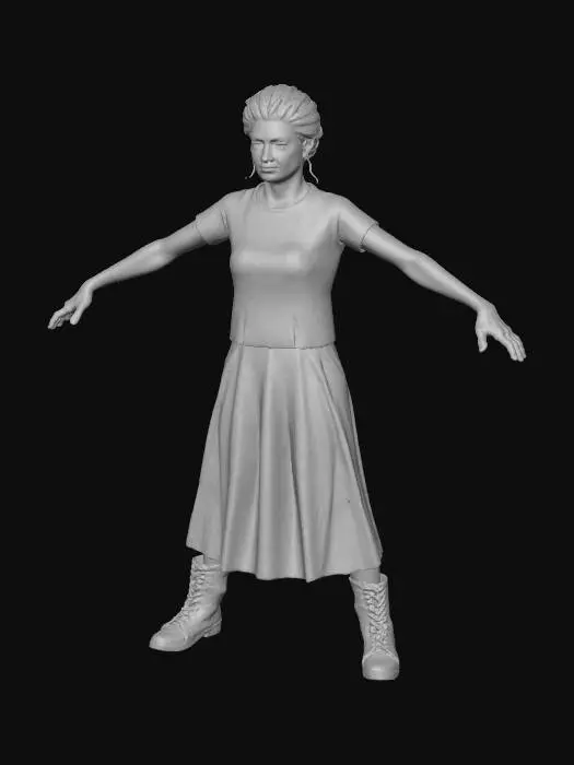3D model for "Realistic female refugee character in T-Pose, Game Ready with full PBR textures. Patched wool sweater, layered skirt with trousers, scarf, rugged shoes. Dirty textures, dusty fabrics, empty hands, neutral face."