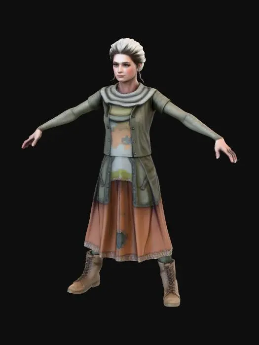 3D model for "Realistic female refugee character in T-Pose, Game Ready with full PBR textures. Patched wool sweater, layered skirt with trousers, scarf, rugged shoes. Dirty textures, dusty fabrics, empty hands, neutral face."