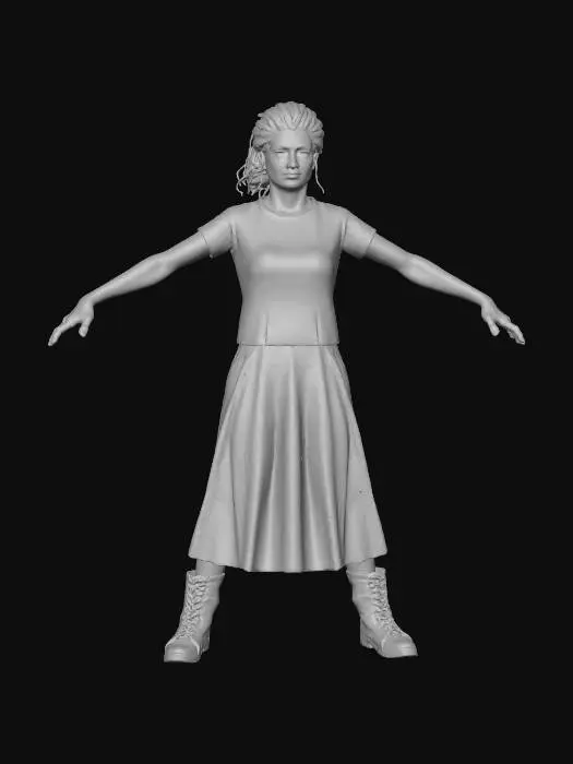 3D model for "Realistic female refugee character in T-Pose, Game Ready with full PBR textures. Patched wool sweater, layered skirt with trousers, scarf, rugged shoes. Dirty textures, dusty fabrics, empty hands, neutral face."