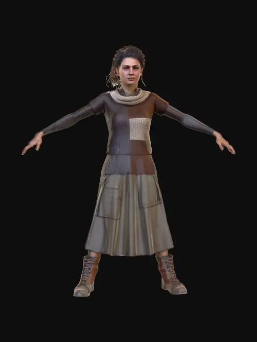 3D model for "Realistic female refugee character in T-Pose, Game Ready with full PBR textures. Patched wool sweater, layered skirt with trousers, scarf, rugged shoes. Dirty textures, dusty fabrics, empty hands, neutral face."