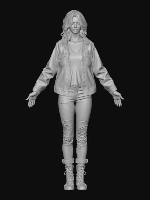 3D model for Female Civilian

Realistic female civilian in T-pose, Game Ready with PBR textures. Worn jacket, patched jeans, scarf, dirty boots, rugged face, messy hair. Weathered clothing, neutral stance, post-apocalyptic look.