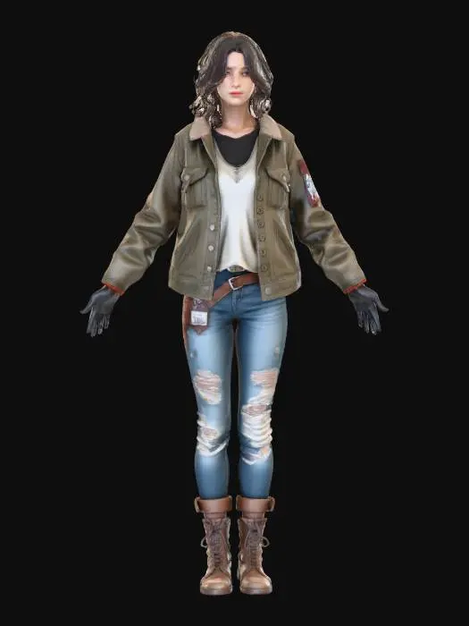 3D model for Female Civilian

Realistic female civilian in T-pose, Game Ready with PBR textures. Worn jacket, patched jeans, scarf, dirty boots, rugged face, messy hair. Weathered clothing, neutral stance, post-apocalyptic look.