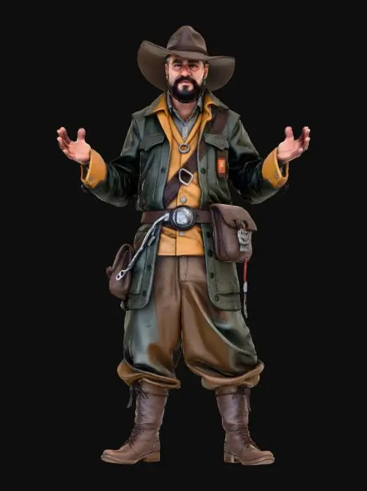 3D model for Wasteland Merchant
Realistic male trader in T-pose, Game Ready with PBR textures. Layered dusty coats, bags, belts with trinkets, goggles on forehead. Slightly smiling neutral expression, Fallout scavenger vibe.