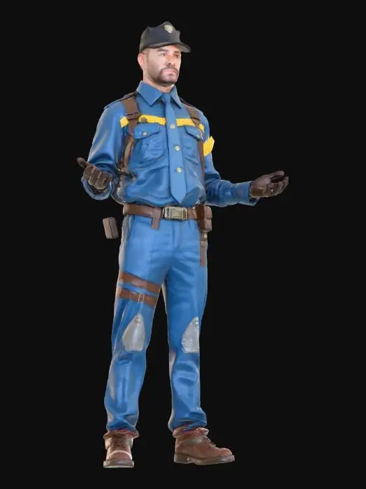 3D model for Vault Security Officer

Realistic male vault security officer in T-pose, Game Ready with PBR textures. Blue jumpsuit with yellow stripe, old utility belt, slightly damaged armor plates, Fallout-style vault dweller design.
