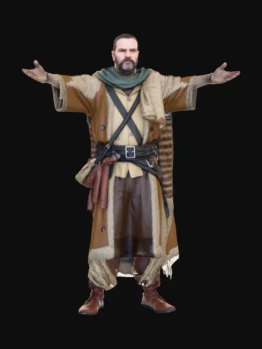 3D model for Trader / Caravan Leader

Realistic male caravan leader in T-pose, Game Ready with PBR textures. Thick coat, scarf, satchels, improvised armor patches, heavy boots, Fallout merchant style.