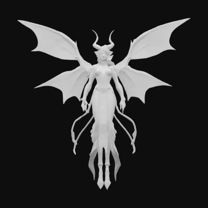 3D model for Game asset , Fliegender hochgewachsener, demonischer  Elf mit schimmernder Haut, die das Licht reflektiert. Seine mandelförmigen Augen wechseln farblich je nach Stimmung. Sein langes, seidiges Haar fließt wie ein Strom aus Licht und verändert sanft seine Farbe. Seine großen, kantigen Flügel leuchten in irisierenden Tönen und hinterlassen funkelnde Spuren. Gekleidet in eine schimmernde Rüstung aus Lichtfäden, bewegt er sich mit anmutiger, fast überirdischer Eleganz Fire eyes , #fairy#