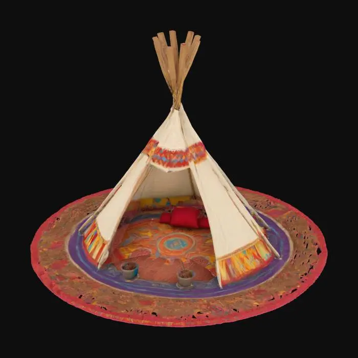3D model for Gameasset : voll ausgestattes Tipi auf einem Goafestival: 5 m Durchmesser, 4 m hoch, aus cremefarbenem, robustem Canvas (leicht verwittert). Glatte Holzstangen (hellbraun, poliert) stützen die Struktur. Innen ein bunter, weicher Teppich (Patchwork, abgenutzt), Kissen in Rot, Gelb, Blau (Samt) Außen bemalte Psychedelic-Muster (Neongrün, Pink). Boden: festgetretene Erde. Texturen: rau (Canvas), weich (Teppich,Kissen),glatt (Holz). Atmosphäre: gemütlich, festivaltypisch. psychedelische Wanddecken