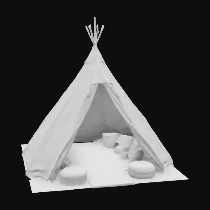 3D model for Gameasset : voll ausgestattes Tipi auf einem Goafestival: 5 m Durchmesser, 4 m hoch, aus cremefarbenem, robustem Canvas (leicht verwittert). Glatte Holzstangen (hellbraun, poliert) stützen die Struktur. Innen ein bunter, weicher Teppich (Patchwork, abgenutzt), Kissen in Rot, Gelb, Blau (Samt) Außen bemalte Psychedelic-Muster (Neongrün, Pink). Boden: festgetretene Erde. Texturen: rau (Canvas), weich (Teppich,Kissen),glatt (Holz). Atmosphäre: gemütlich, festivaltypisch. psychedelische Wanddecken