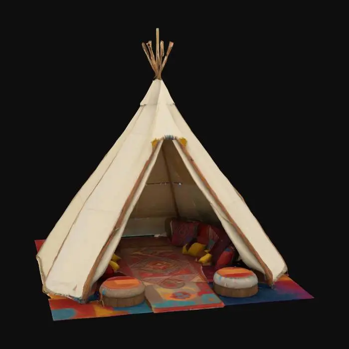 3D model for Gameasset : voll ausgestattes Tipi auf einem Goafestival: 5 m Durchmesser, 4 m hoch, aus cremefarbenem, robustem Canvas (leicht verwittert). Glatte Holzstangen (hellbraun, poliert) stützen die Struktur. Innen ein bunter, weicher Teppich (Patchwork, abgenutzt), Kissen in Rot, Gelb, Blau (Samt) Außen bemalte Psychedelic-Muster (Neongrün, Pink). Boden: festgetretene Erde. Texturen: rau (Canvas), weich (Teppich,Kissen),glatt (Holz). Atmosphäre: gemütlich, festivaltypisch. psychedelische Wanddecken