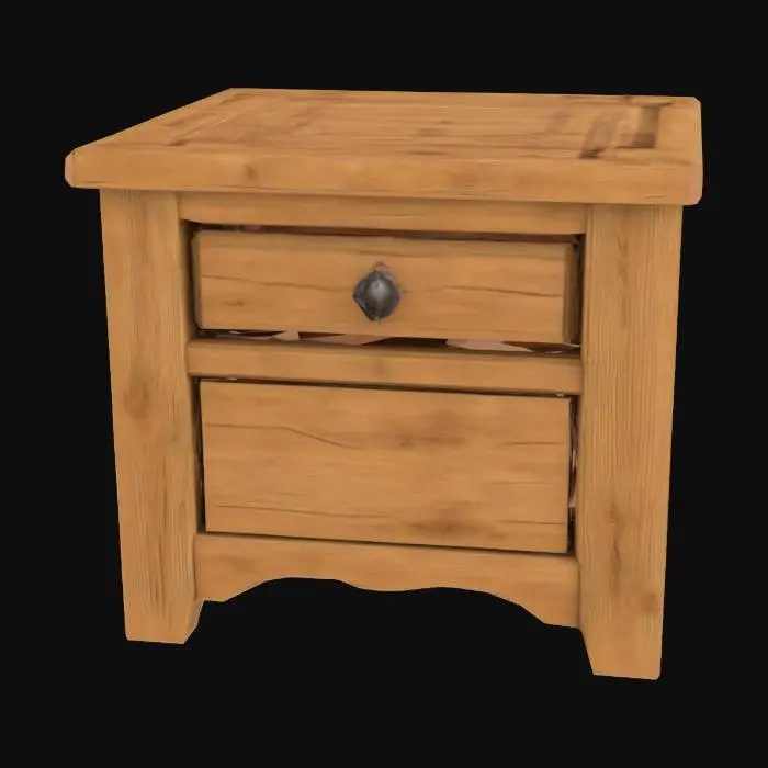 3D model for A medieval wooden nightstand, hand-crafted from thick oak planks for a rustic tavern bedroom, matching the style of a functional medieval wooden bed. Purely functional, no carvings or ornamentation. Worn, slightly stained surface, irregular texture, soft rounded corners, single shelf or drawer with iron handle. Game-ready, centered on the origin, optimized geometry, no modern elements