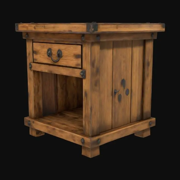 3D model for A medieval wooden nightstand, hand-crafted from thick oak planks for a rustic tavern bedroom, matching the style of a functional medieval wooden bed. Purely functional, no carvings or ornamentation. Worn, slightly stained surface, irregular texture, soft rounded corners, single shelf or drawer with iron handle. Game-ready, centered on the origin, optimized geometry, no modern elements