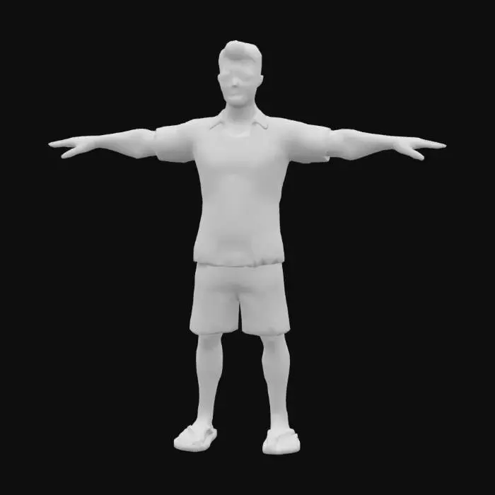 3D model for a male bartender avatar in T-pose, wearing tropical shirt and shorts, sunglasses and sandals, casual beach style, game ready, high resolution PBR textures, clean topology, UV unwrapped, animation-ready