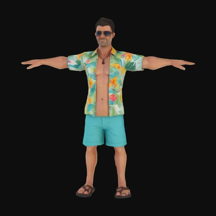 3D model for a male bartender avatar in T-pose, wearing tropical shirt and shorts, sunglasses and sandals, casual beach style, game ready, high resolution PBR textures, clean topology, UV unwrapped, animation-ready