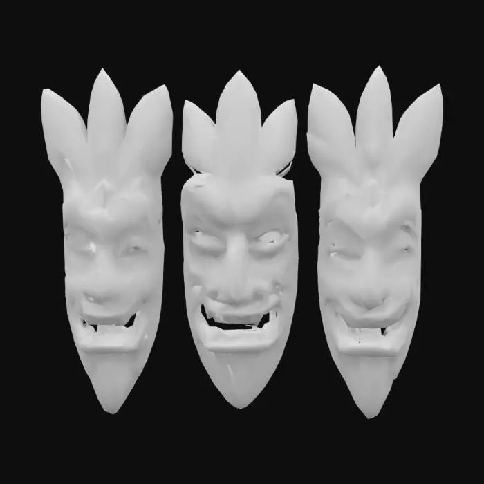 3D model for a set of carved wooden tiki masks with tribal designs and vibrant colors, for wall decoration, game ready, UV unwrapped, PBR textures, clean mesh