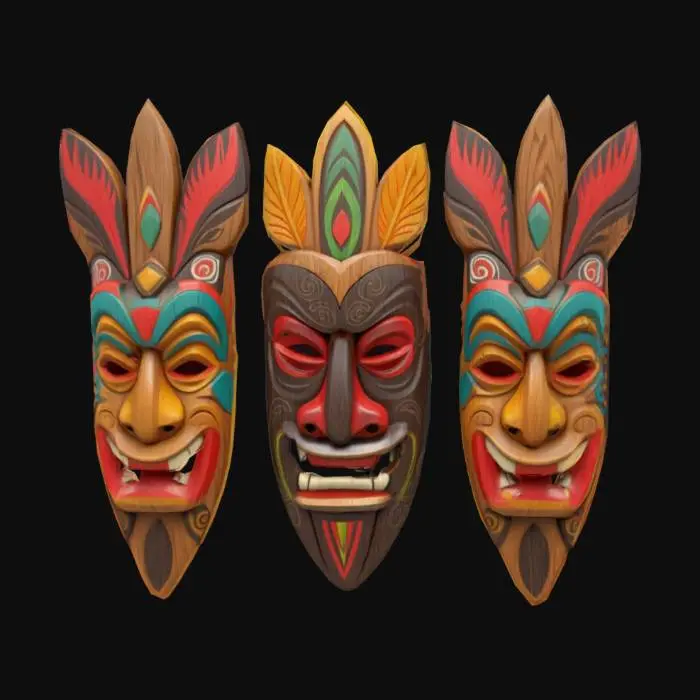 3D model for a set of carved wooden tiki masks with tribal designs and vibrant colors, for wall decoration, game ready, UV unwrapped, PBR textures, clean mesh