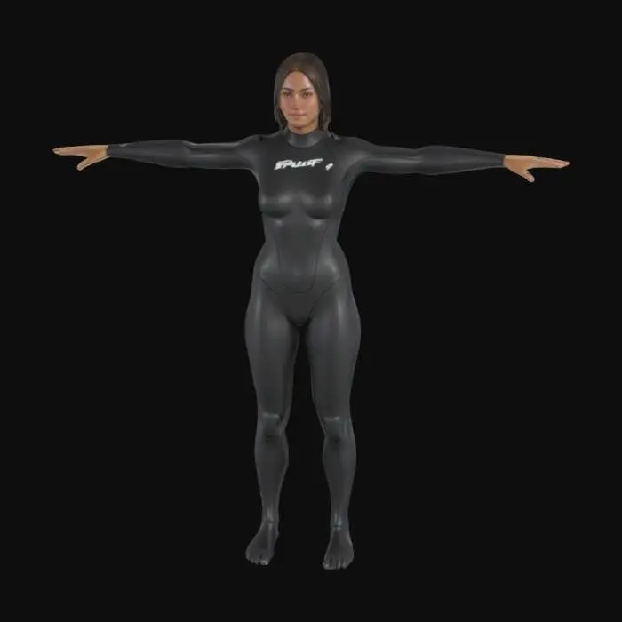 3D model for a female surfer in wetsuit, T-pose, athletic build, wet hair, ready for animation and rigging, game ready character with PBR textures, UV unwrapped, clean topology, realistic style










