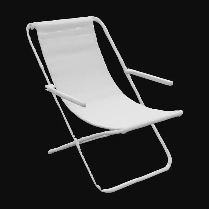 3D model for a striped foldable beach chair with aluminum frame, slightly worn fabric, realistic proportions, game ready, clean topology, UV unwrapped, PBR textures, suitable for real-time game use


