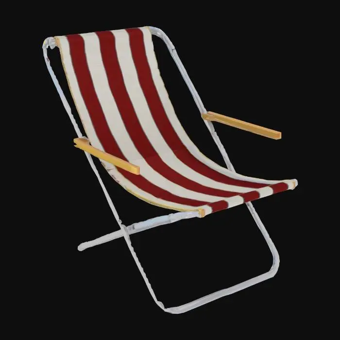 3D model for a striped foldable beach chair with aluminum frame, slightly worn fabric, realistic proportions, game ready, clean topology, UV unwrapped, PBR textures, suitable for real-time game use


