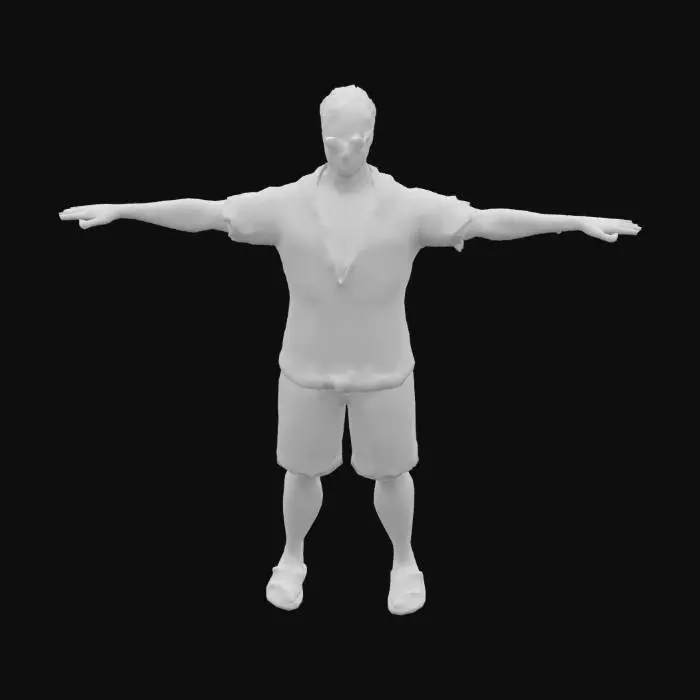 3D model for a male bartender avatar in T-pose, wearing tropical shirt and shorts, sunglasses and sandals, casual beach style, game ready, high resolution PBR textures, clean topology, UV unwrapped, animation-ready