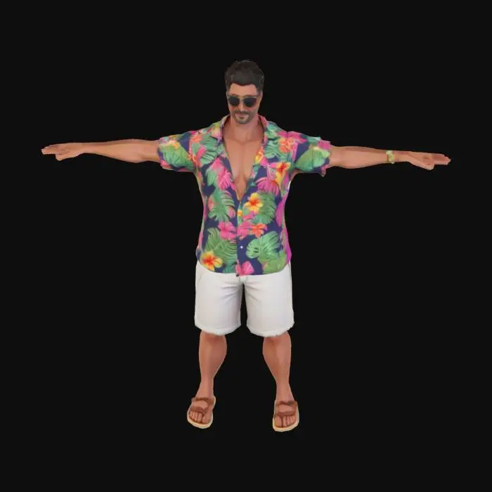 3D model for a male bartender avatar in T-pose, wearing tropical shirt and shorts, sunglasses and sandals, casual beach style, game ready, high resolution PBR textures, clean topology, UV unwrapped, animation-ready