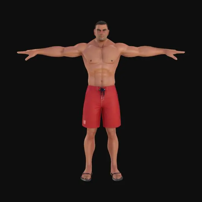 3D model for a male lifeguard avatar in T-pose, wearing red swim shorts, fit athletic body, no accessories in hands, game ready, UV unwrapped, clean mesh, high resolution PBR textures, suitable for rigging

















