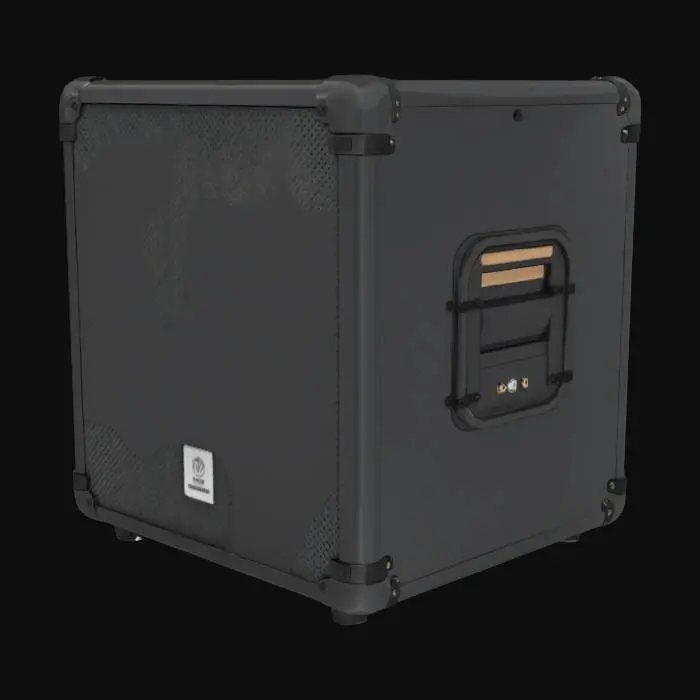 3D model for PBR texture for modern real-world festival speaker, 1.5x0.8x2 meters, matte black ABS plastic housing with fine grainy texture and subtle scratches, brushed anthracite metal front grille with perforated round hole pattern, glossy silver-gray metal handles and control panel with engraved labels and screws, matte gray fabric speaker membranes, emissive warm white LED light at top edge, matte black rubber feet, small engraved logo on front, normal and specular maps for grille, fabric, screws, and labels, modular design for GameGuru Max