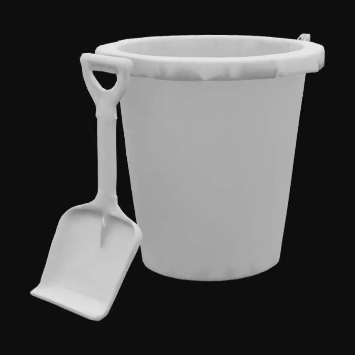 3D model for a small red plastic sand bucket and yellow shovel, children's beach toys, stylized realism, game ready, high resolution textures, UV unwrapped, clean mesh optimized for game engines




