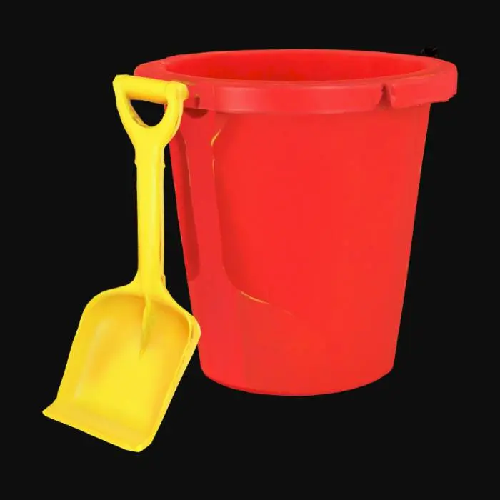 3D model for a small red plastic sand bucket and yellow shovel, children's beach toys, stylized realism, game ready, high resolution textures, UV unwrapped, clean mesh optimized for game engines





