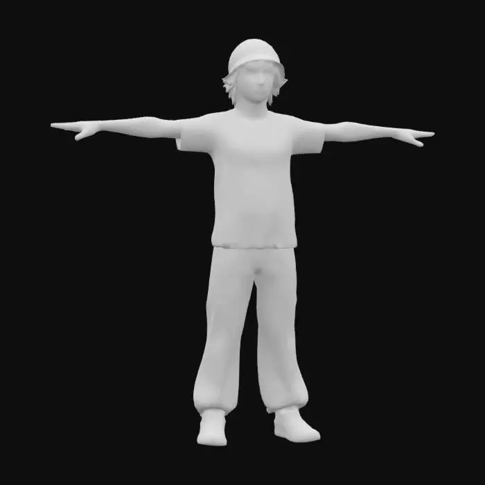3D model for A game-ready 3D avatar of a 15-year-old male skateboarder, streetwear style, wearing a loose tie-dye T-shirt, baggy jeans, and high-top sneakers. Shaggy blonde hair, beanie. Low-poly model with PBR textures for worn fabric and youthful skin, T-pose.