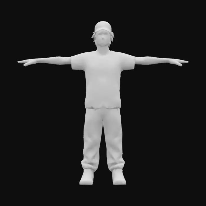 3D model for A game-ready 3D avatar of a 15-year-old male skateboarder, streetwear style, wearing a loose tie-dye T-shirt, baggy jeans, and high-top sneakers. Shaggy blonde hair, beanie. Low-poly model with PBR textures for worn fabric and youthful skin, T-pose.