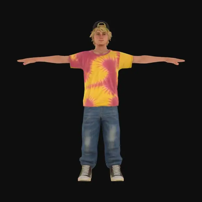 3D model for A game-ready 3D avatar of a 15-year-old male skateboarder, streetwear style, wearing a loose tie-dye T-shirt, baggy jeans, and high-top sneakers. Shaggy blonde hair, beanie. Low-poly model with PBR textures for worn fabric and youthful skin, T-pose.
