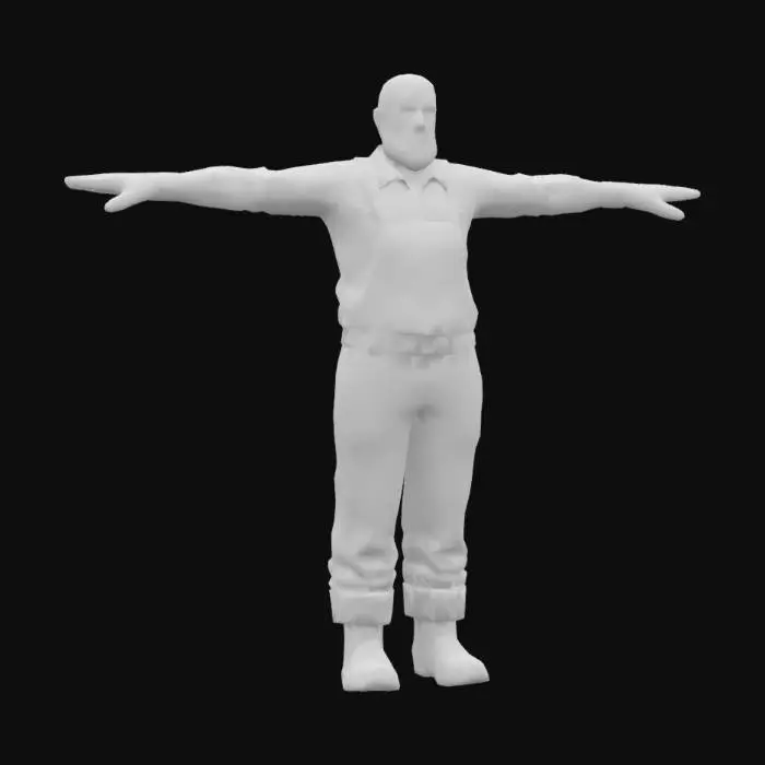 3D model for A game-ready 3D avatar of a 60-year-old male gardener, casual outdoor style, wearing a plaid flannel shirt, denim overalls, and work gloves. Bald with a short white beard. Low-poly model with PBR textures for worn fabric and weathered skin, T-pose.