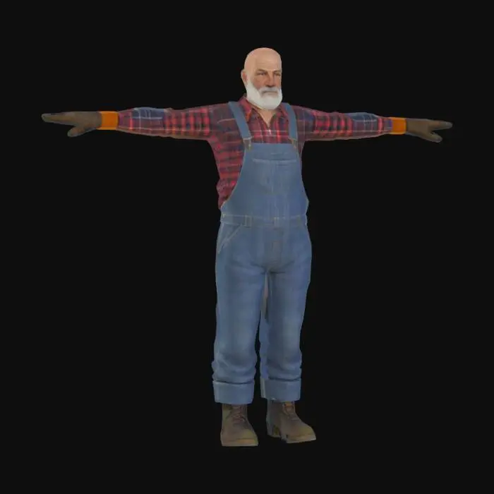 3D model for A game-ready 3D avatar of a 60-year-old male gardener, casual outdoor style, wearing a plaid flannel shirt, denim overalls, and work gloves. Bald with a short white beard. Low-poly model with PBR textures for worn fabric and weathered skin, T-pose.