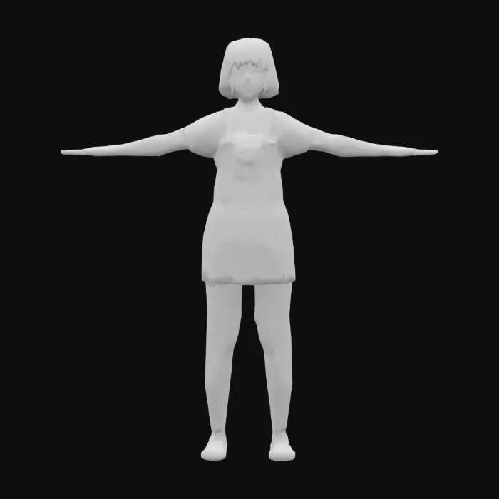 3D model for A game-ready 3D avatar of a 19-year-old female barista, casual work style, wearing a green apron over a black T-shirt, high-waisted jeans, and slip-on sneakers. Short pink bob haircut, nose ring. Low-poly model with PBR textures for realistic fabric and skin, T-pose.