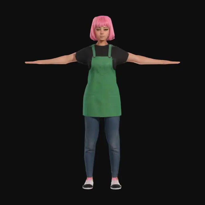 3D model for A game-ready 3D avatar of a 19-year-old female barista, casual work style, wearing a green apron over a black T-shirt, high-waisted jeans, and slip-on sneakers. Short pink bob haircut, nose ring. Low-poly model with PBR textures for realistic fabric and skin, T-pose.