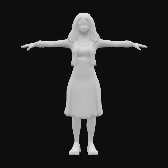 3D model for A game-ready 3D avatar of a 32-year-old female, modern mom style, wearing a floral midi dress, denim jacket, and white sneakers. Long wavy brown hair, carrying a small tote bag. Low-poly model with PBR textures for realistic fabric and skin, T pose