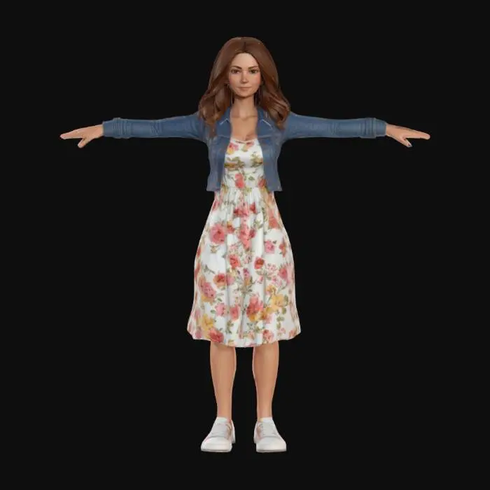 3D model for A game-ready 3D avatar of a 32-year-old female, modern mom style, wearing a floral midi dress, denim jacket, and white sneakers. Long wavy brown hair, carrying a small tote bag. Low-poly model with PBR textures for realistic fabric and skin, T pose