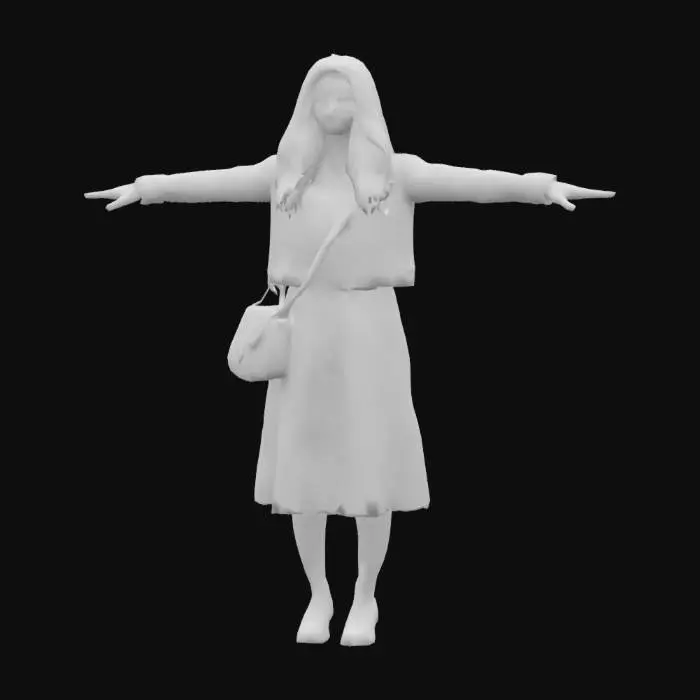 3D model for A game-ready 3D avatar of a 32-year-old female, modern mom style, wearing a floral midi dress, denim jacket, and white sneakers. Long wavy brown hair, carrying a small tote bag. Low-poly model with PBR textures for realistic fabric and skin, T pose